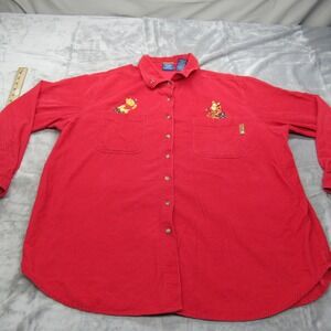 Pooh Woman Shirt Womens 22W 24W Red Corduroy Long Sleeve Button Up Embroidered